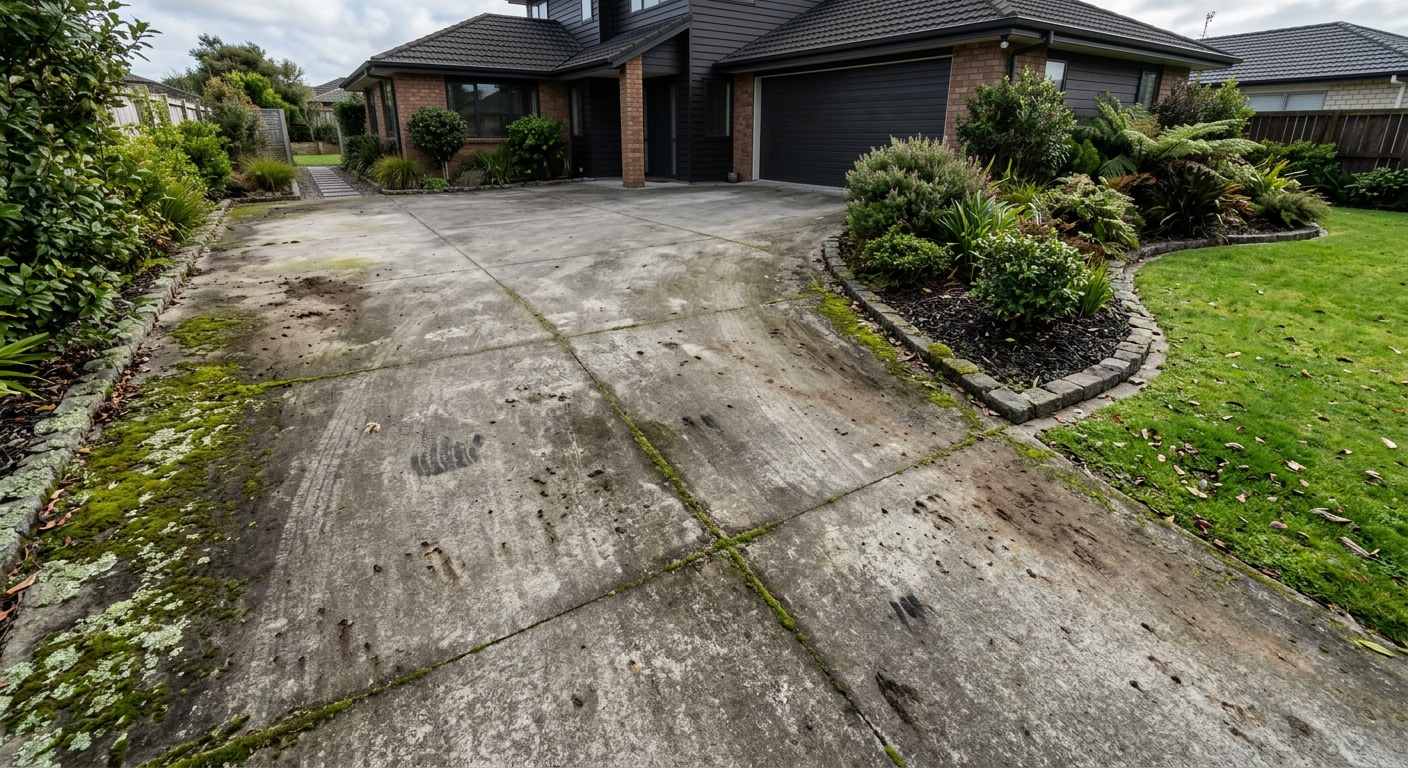 Dirty concrete driveway before pressure washing